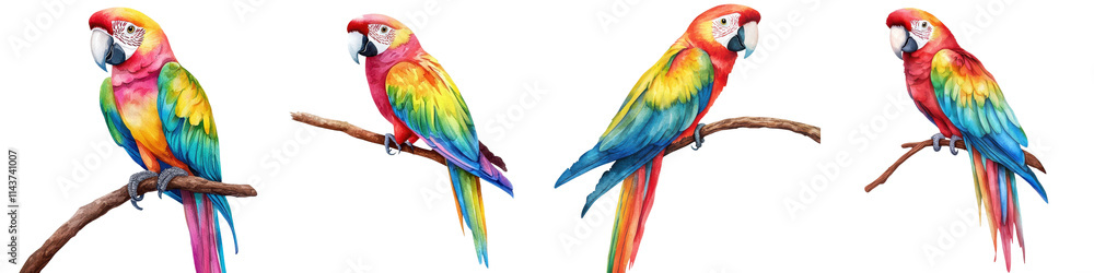 Fototapeta premium Colorful Macaw Parrots Perched on Branches in the Rainforest