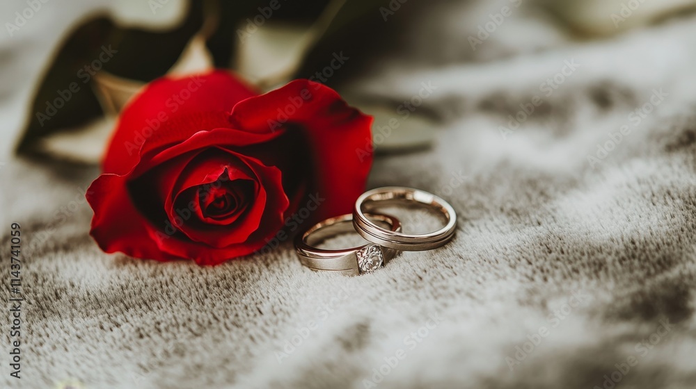 Romantic Engagement Rings and Red Rose on Soft Fabric Background Romantic Engagement Rings and Red Rose on Soft Fabric Background