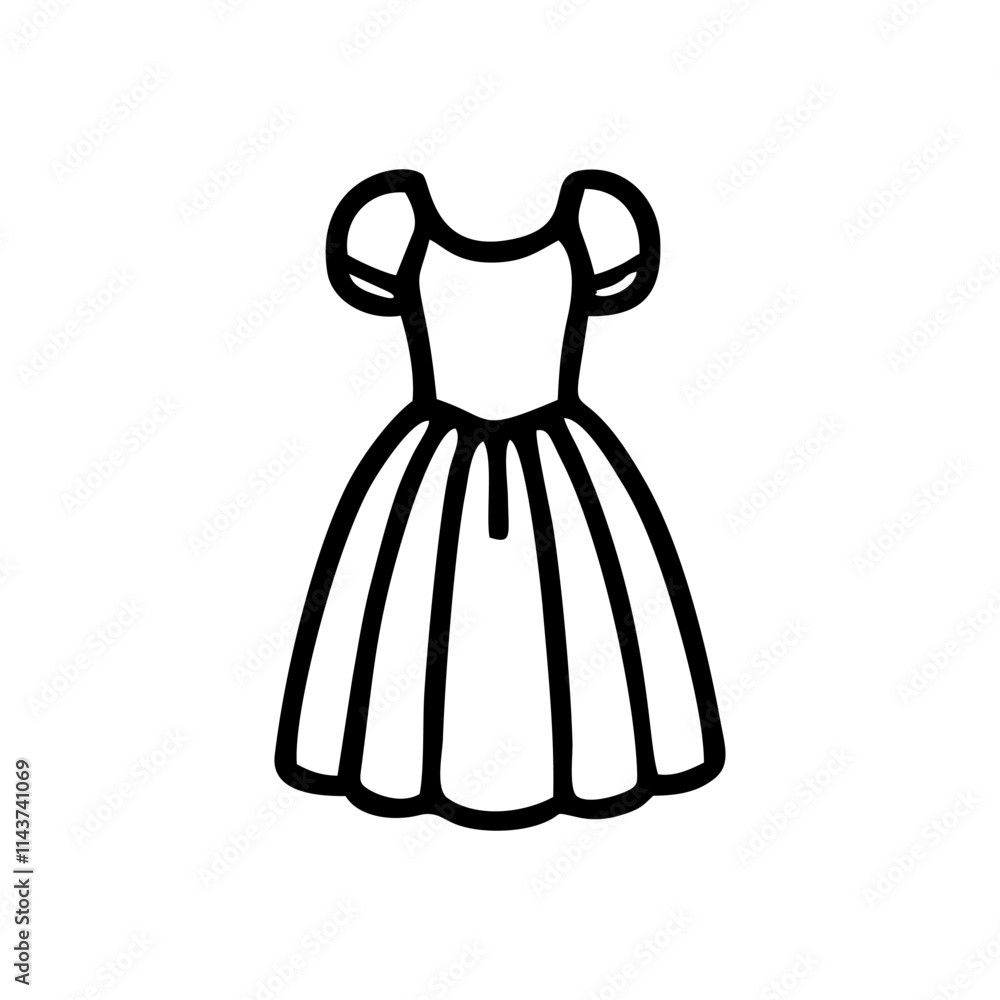a black-and-white minimalist icon of a dress. The design features a short-sleeved dress with a fitted bodice and a flared skirt, depicted in a clean outline style. a black-and-white minimalist icon of a dress. The design features a short-sleeved dress with a fitted bodice and a flared skirt, depicted in a clean outline style.