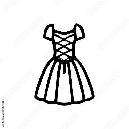 a simple black-and-white vector icon of a dress. The design features a fitted bodice with crisscross laces and a flared skirt, giving it a classic or vintage style.