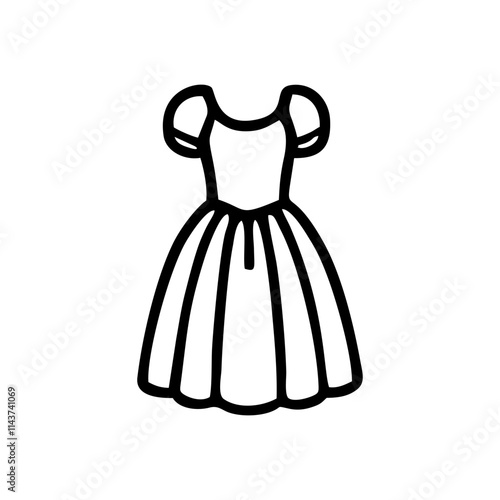 a black-and-white minimalist icon of a dress. The design features a short-sleeved dress with a fitted bodice and a flared skirt, depicted in a clean outline style.