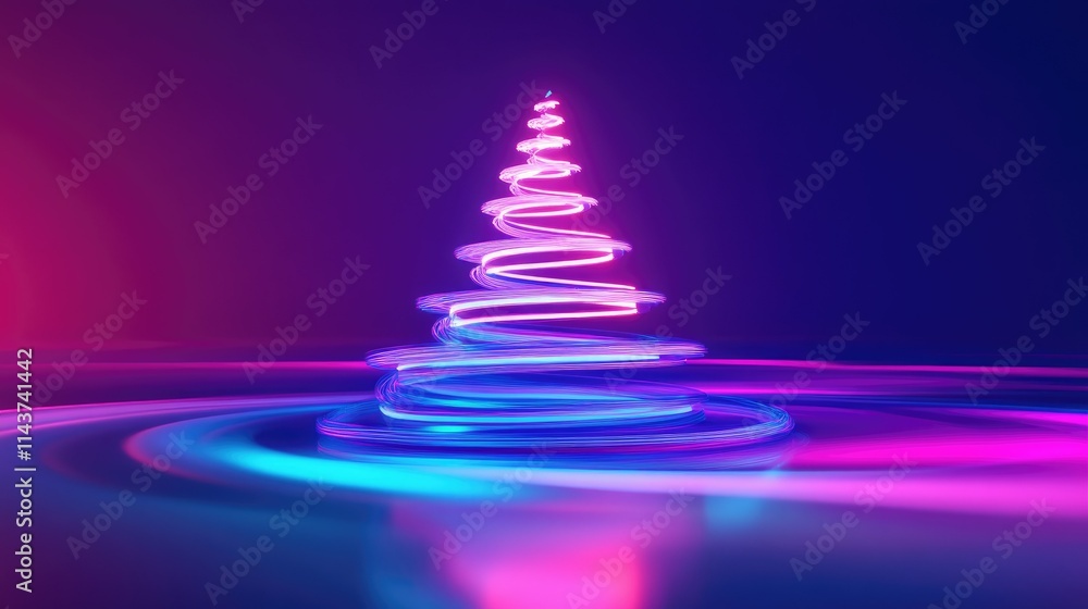Futuristic neon Christmas tree glowing in vivid blue and magenta tones, floating over a reflective pastel surface. Futuristic neon Christmas tree glowing in vivid blue and magenta tones, floating over a reflective pastel surface.