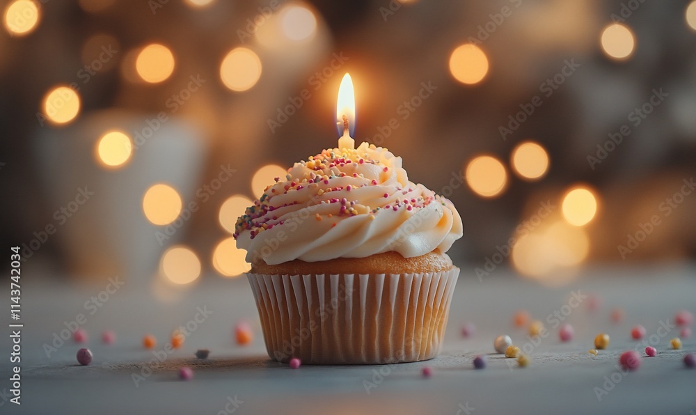 A beautifully decorated cupcake with a lit candle, surrounded by colorful sprinkles. A beautifully decorated cupcake with a lit candle, surrounded by colorful sprinkles.