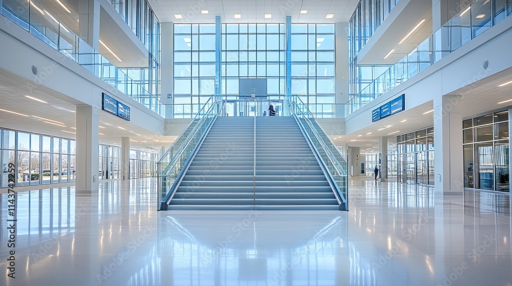 Obraz premium Modern interior with stairs and large windows.