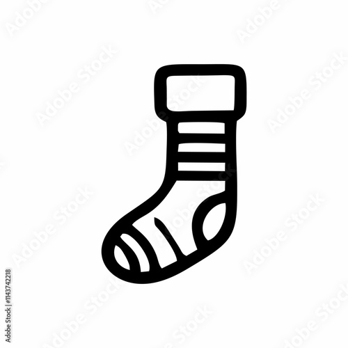 A black-and-white icon of a single sock with simple stripes and a rounded toe, representing clothing, warmth, or a holiday stocking.