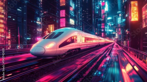 Futuristic high-speed train speeding through a vibrant neon cityscape at night.