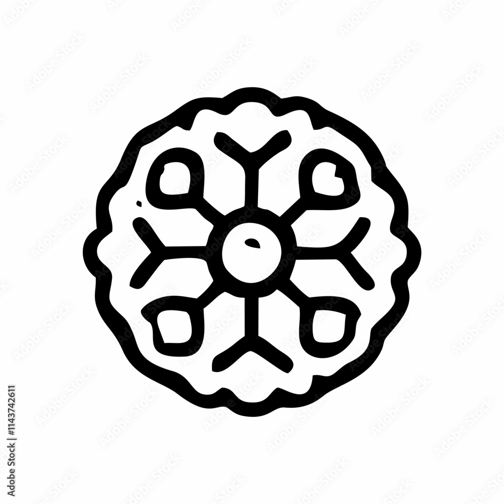 a black-and-white minimalist icon of a circular object resembling a stylized cake or snowflake. a black-and-white minimalist icon of a circular object resembling a stylized cake or snowflake.