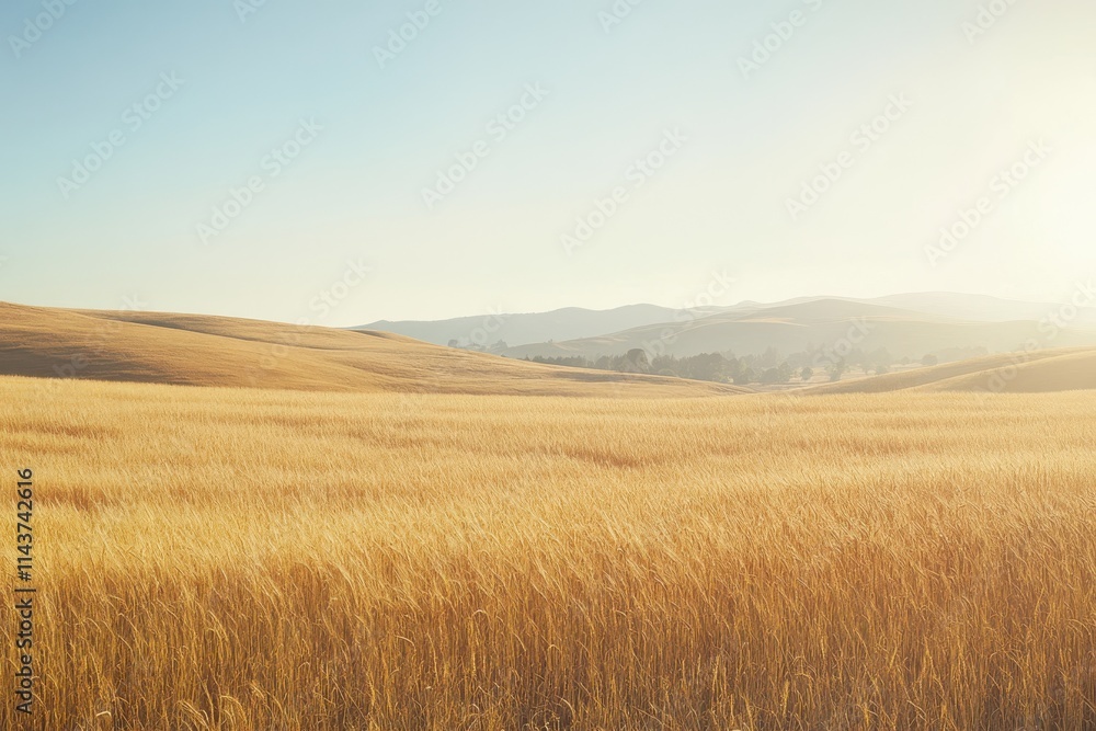 Panoramic landscape golden wheat fields rolling hills, scattered oak trees Panoramic landscape golden wheat fields rolling hills, scattered oak trees