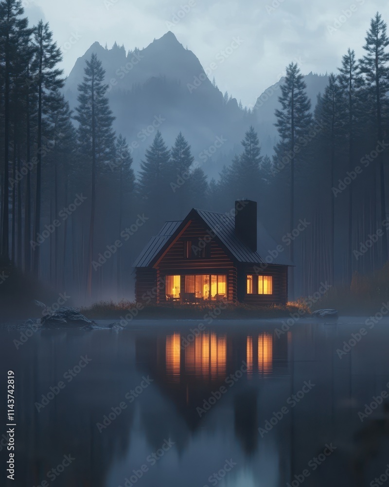 Fototapeta premium Secluded Log Cabin Retreat in the Misty Mountain Forest at Dusk
