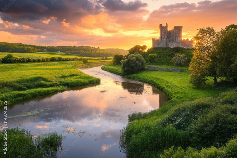 Panoramic landscape medieval castle sunset sky dramatic clouds winding river