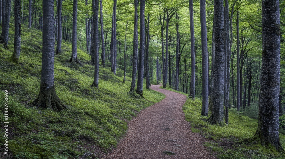 Fototapeta premium A peaceful vector forest trail with empty space at the top for text, showcasing lush greenery, towering trees, and a winding path. Perfect for nature quotes or outdoor adventure promotions. 