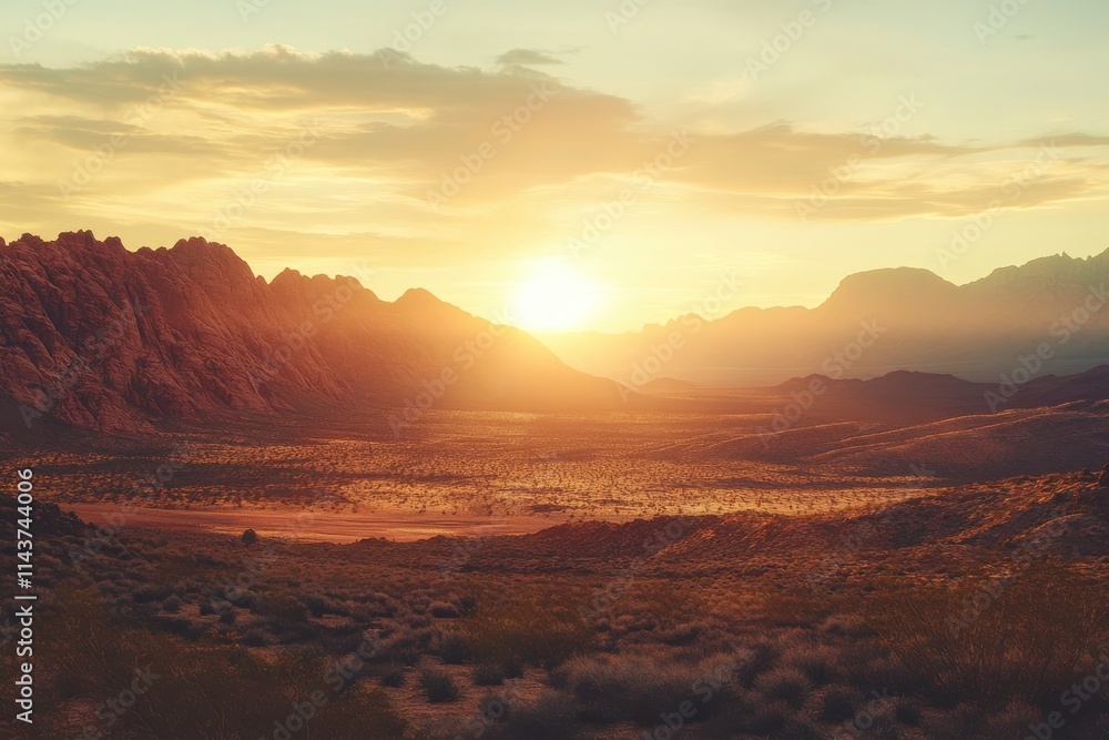 Fototapeta premium Panoramic mountain landscape golden hour sunlight rugged peaks misty valleys