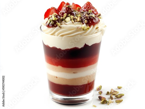 A layered dessert in a glass, featuring cream, fruit, and nuts, topped with strawberries.