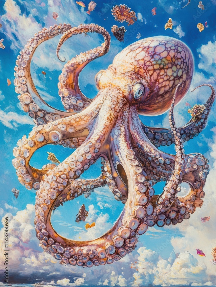 Naklejka premium Enormous flying octopus with glowing, glass-like tentacles spiraling gracefully through a vibrant skyscape. Generative Ai