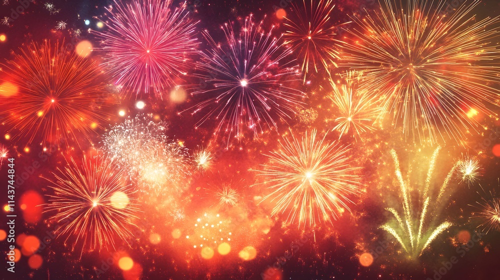 Fototapeta premium Sparkling fireworks over a waterfront city capturing the thrill of a glittering celebration