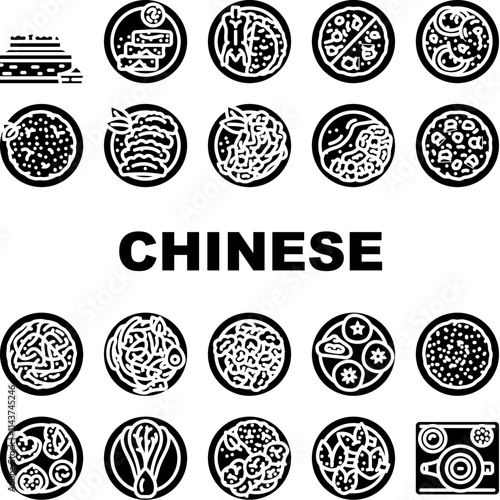 chinese cuisine dim sum dumplings icons set vector. wonton szechuan, peking hotpot, noodles tofu, stir fry cantonese, soy chinese cuisine dim sum dumplings glyph pictogram Illustrations