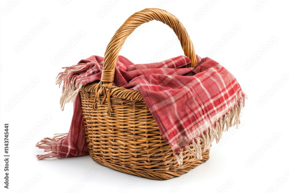Red napkin and picnic basket isolated on white background Red napkin and picnic basket isolated on white background