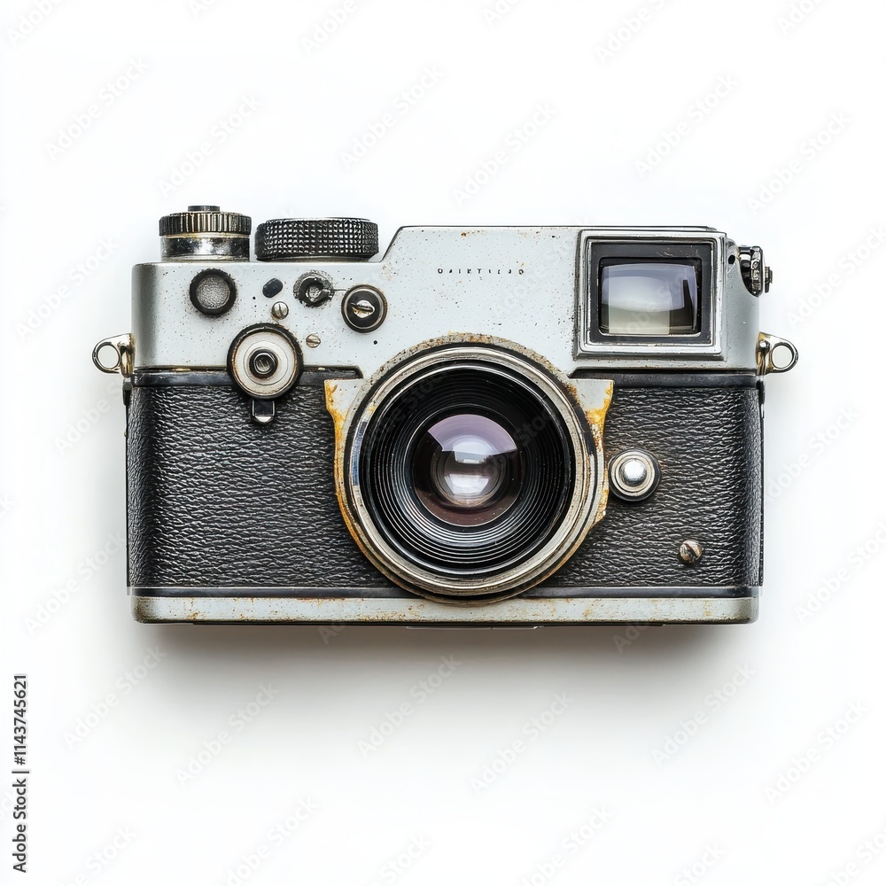Retro film photo camera isolated on white background, top view