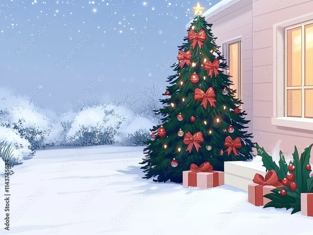 Obraz premium A cozy winter scene featuring a decorated Christmas tree with ornaments and bows, surrounded by snow, presents, and a warm home, evoking holiday spirit and festive cheer.
