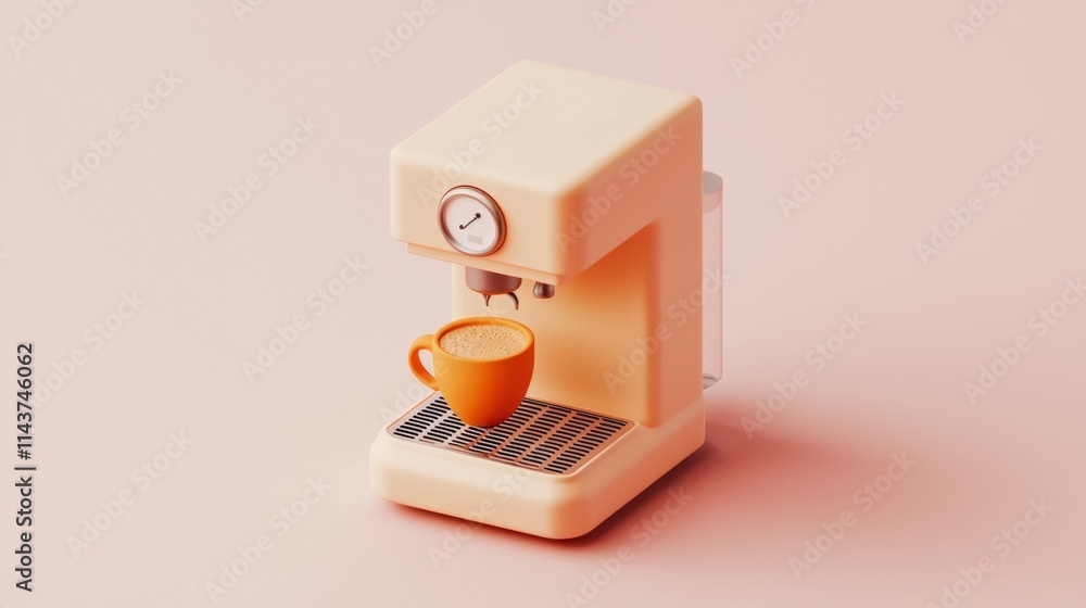 Coffee maker with bright orange cup preparing espresso on a pastel background Coffee maker with bright orange cup preparing espresso on a pastel background
