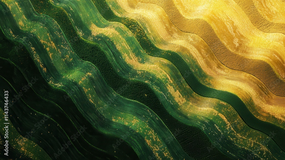 Obraz premium Expansive farmland viewed from above showcasing vibrant green and golden waves of crops during daytime