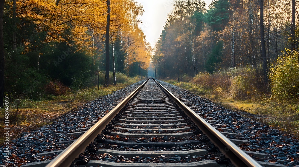 Fototapeta premium Autumn Forest Railway Tracks. Concept of journey, exploration, and nature.