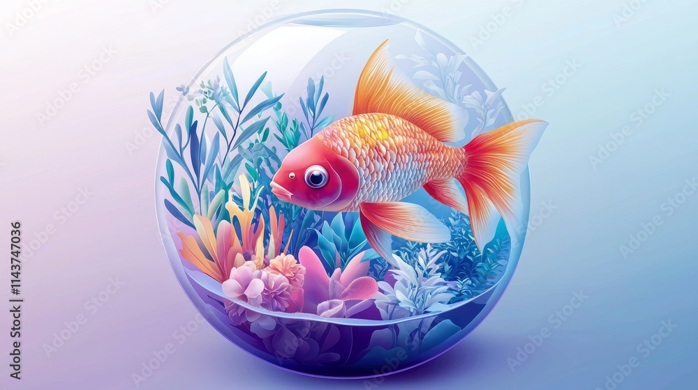 Naklejka premium Colorful goldfish swimming in a beautifully arranged fishbowl surrounded by vibrant aquatic plants