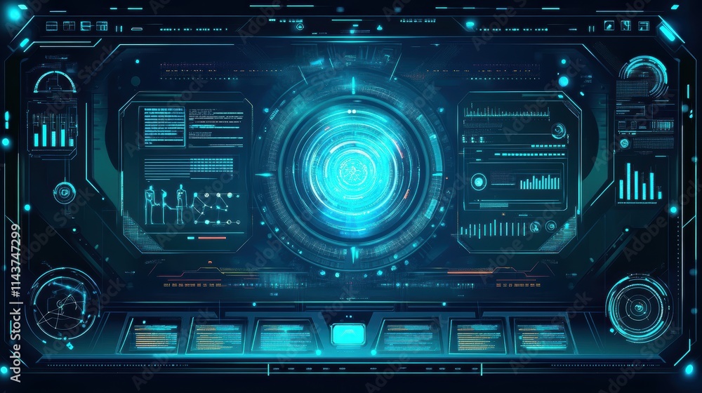 A vibrant vector augmented reality workspace with holographic displays, showcasing digital interfaces and 3D models. 