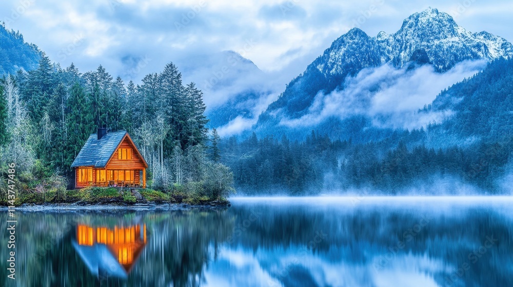 Fototapeta premium Serene Lakeside Cabin amidst Majestic Snowy Mountains and Misty Reflections