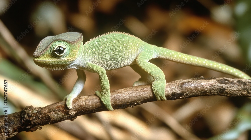 Juvenile chameleon on branch. Juvenile chameleon on branch.