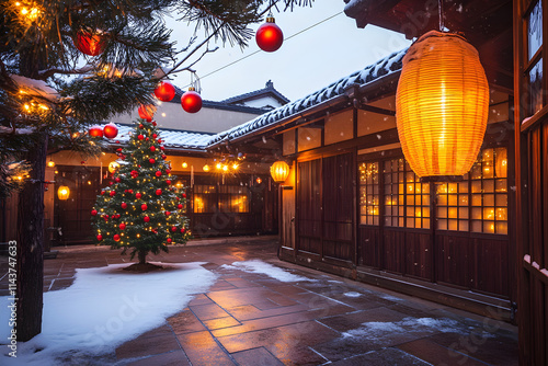 Christmas lights decorating traditional japanese house during snowfall photo