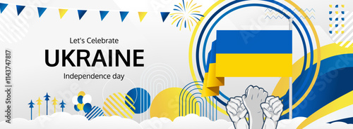 Ukraine Independence Day greeting banner concept. August 24th is celebrated as Ukrainians National Day. Nice template with flag and raised fist, great for nationalism poster.