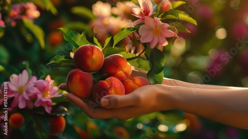 A hand cradling fresh peaches among blossoms, with a lush and colorful background. The scene conveys a sense of abundance and nature's bounty. Soft natural lighting. photo