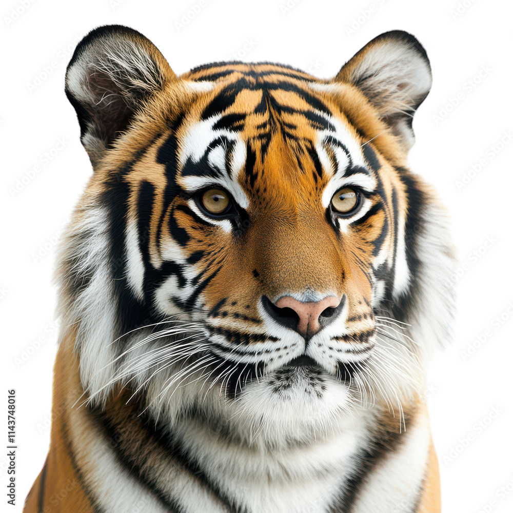 Captivating Close-Up Portrait of a Majestic Tiger on a White Background Perfect for Wildlife and Nature-themed Projects and Transparent background. Captivating Close-Up Portrait of a Majestic Tiger on a White Background Perfect for Wildlife and Nature-themed Projects and Transparent background.