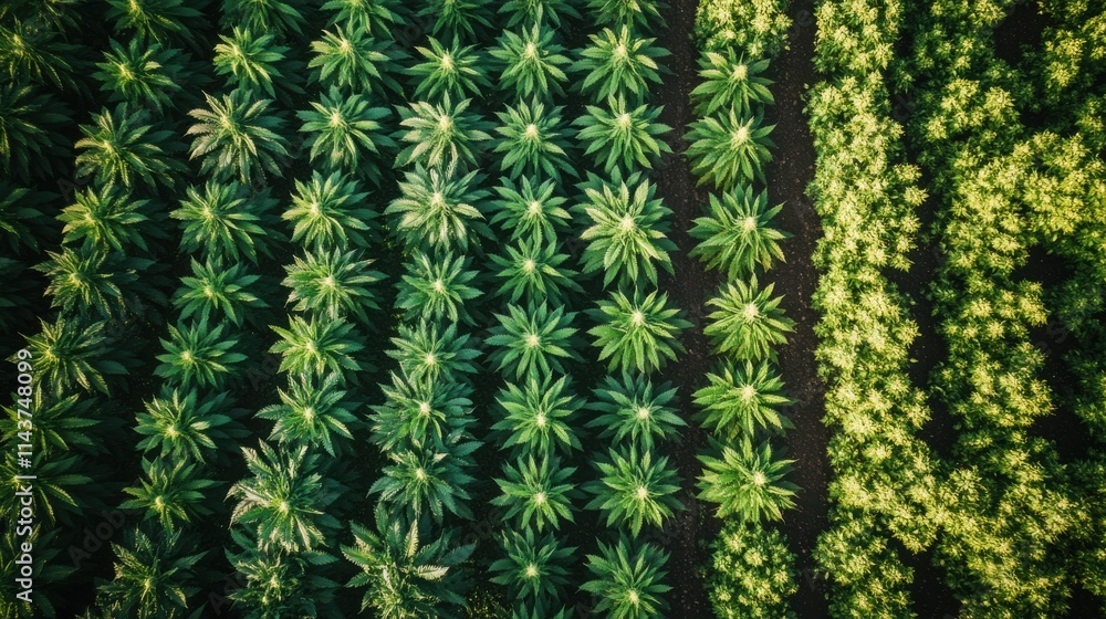 Aerial view of a thriving hemp farm showcasing intercropping techniques in a lush green landscape Aerial view of a thriving hemp farm showcasing intercropping techniques in a lush green landscape