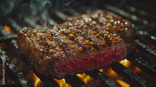 Sizzling steak grilling event backyard bbq food photography outdoor close-up meat perfection photo