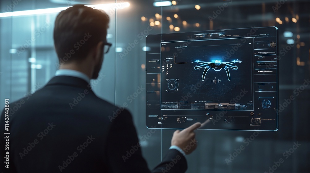A businessman interacts with a high-tech interface displaying drone data. A businessman interacts with a high-tech interface displaying drone data.