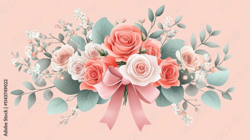 Naklejka premium Playful flat vector illustration of a small bouquet of roses tied with a pastel ribbon, in gentle, soft colors, perfect for romantic and festive themes, isolated on white.