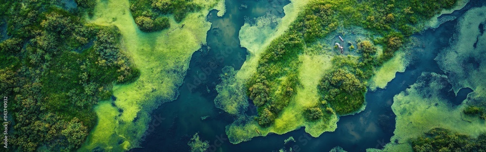 Stunning aerial view of the Okavango Delta showcasing vibrant wetlands and diverse wildlife habitats during midday Stunning aerial view of the Okavango Delta showcasing vibrant wetlands and diverse wildlife habitats during midday