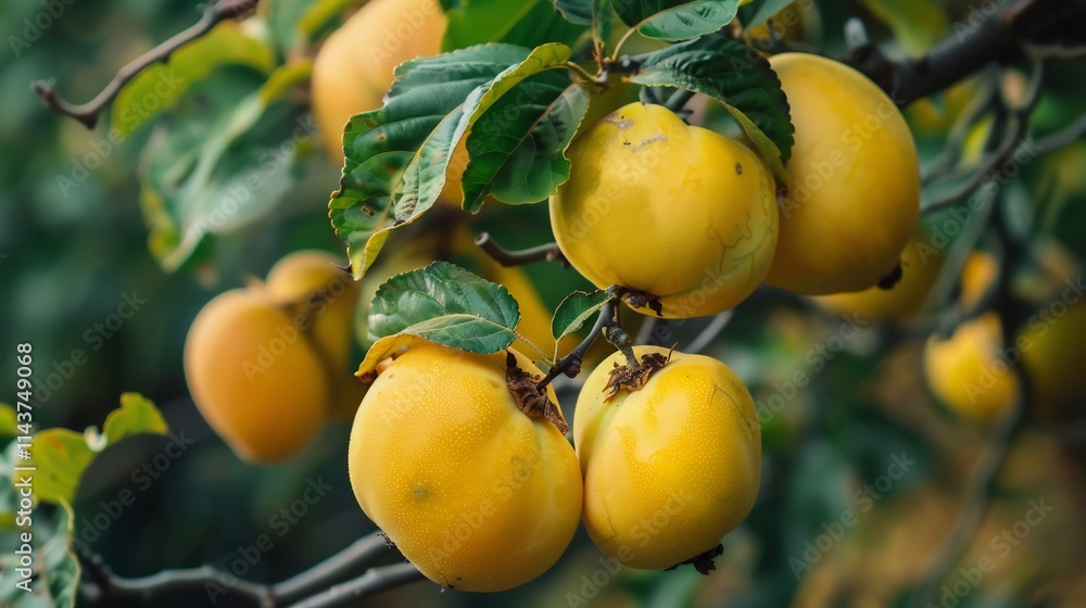 Golden Apples on Branch: A Close-Up of Ripe Yellow Apples Hanging from a Tree Branch Golden Apples on Branch: A Close-Up of Ripe Yellow Apples Hanging from a Tree Branch