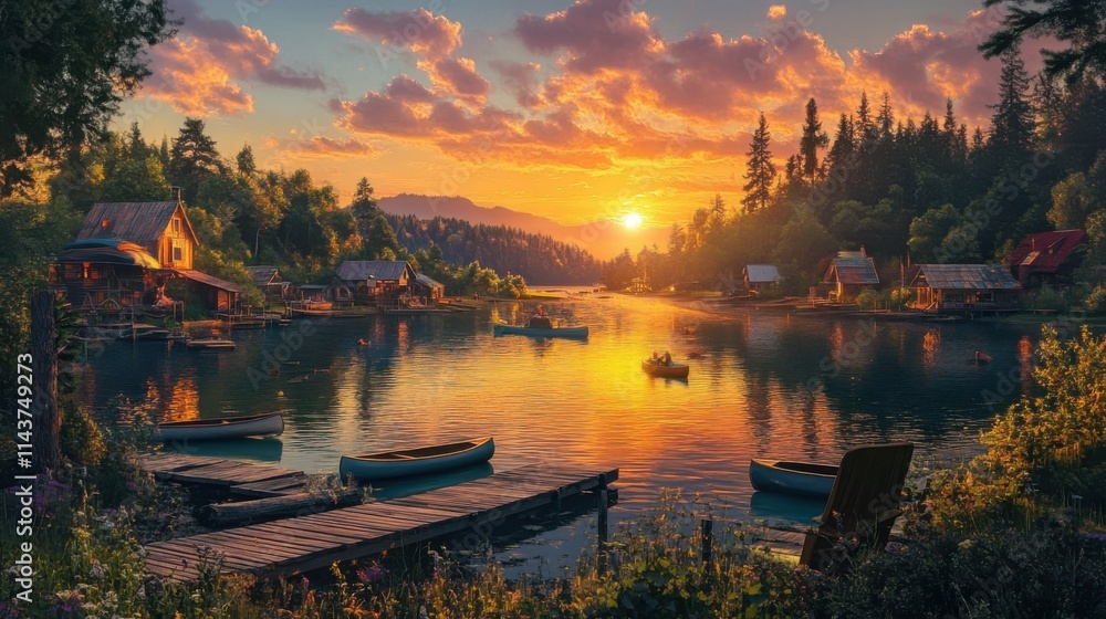 Fototapeta premium Tranquil sunset view over a small lake with colorful skies and serene reflections in the water