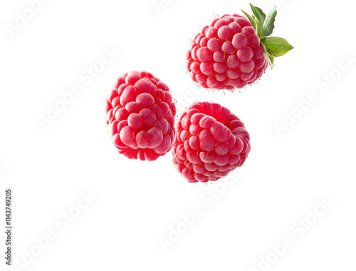 Floating Raspberries on Transparent Background; Collection of Red Berries Isolated, Vivid Colors photo