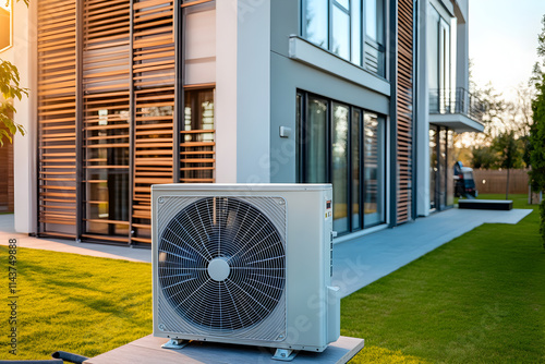 Heat pump providing sustainable heating and cooling for residential house in winter photo