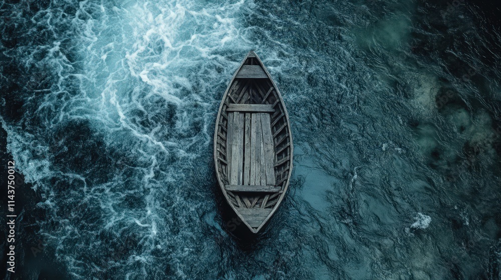 A solitary wooden boat floats on turbulent water A solitary wooden boat floats on turbulent water