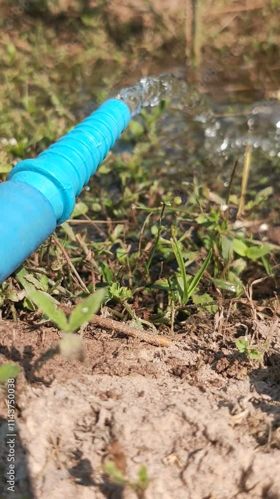 Flowing Water from Blue Hose onto Grass