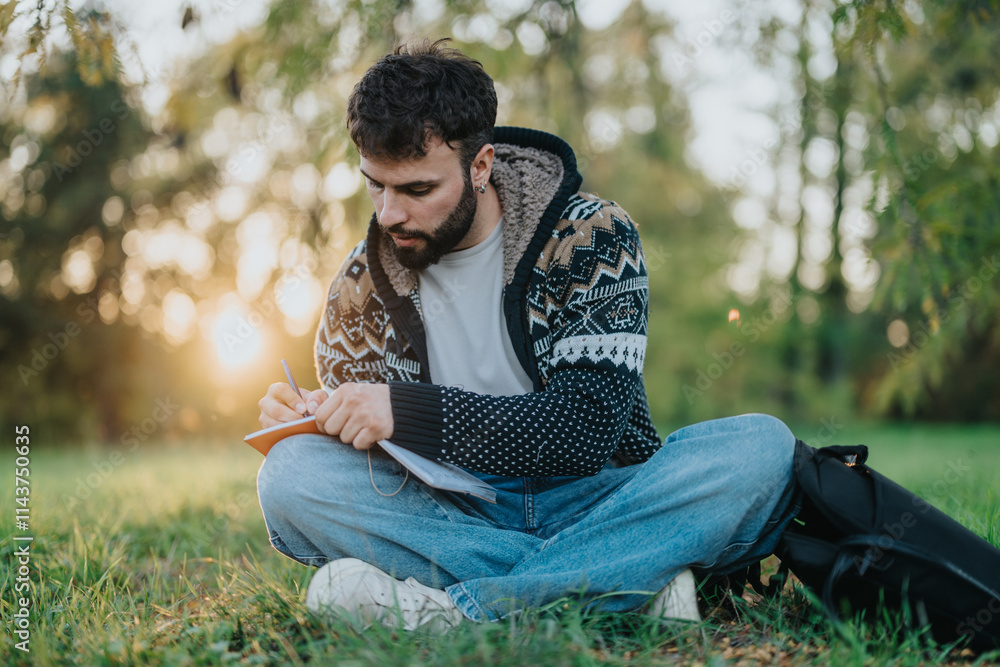 Obraz premium A bearded man seated on grass writes in a notebook during a tranquil sunset. The serene outdoor setting features lush greenery, offering an atmosphere perfect for reflection and creativity.