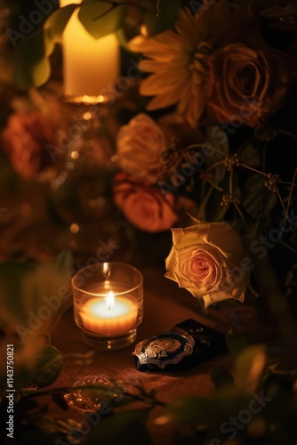 A memorial setup with a candle, flowers, and police badge, creating a somber and respectful atmosphere, soft artificial lighting emphasizing the details. photo