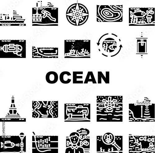 world ocean marine biodiversity icons set vector. ecosystem conservation, pollution coral, climate sea, fish, currents waves, tides world ocean marine biodiversity glyph pictogram Illustrations