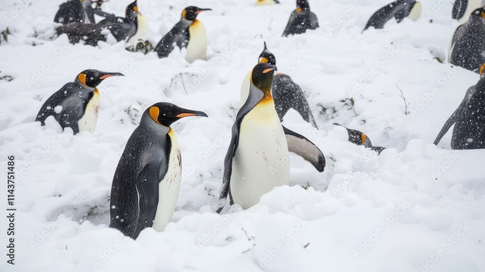 Fototapeta premium A Penguin gathering in a snowy landscape, showcasing their social behavior and natural environment. Soft white snow, bright natural light.