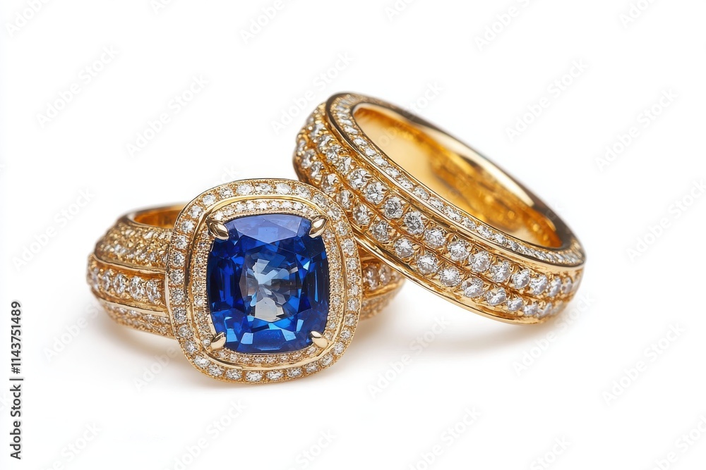 Two exquisite gold rings featuring a cushion-cut blue sapphire surrounded by diamonds Two exquisite gold rings featuring a cushion-cut blue sapphire surrounded by diamonds
